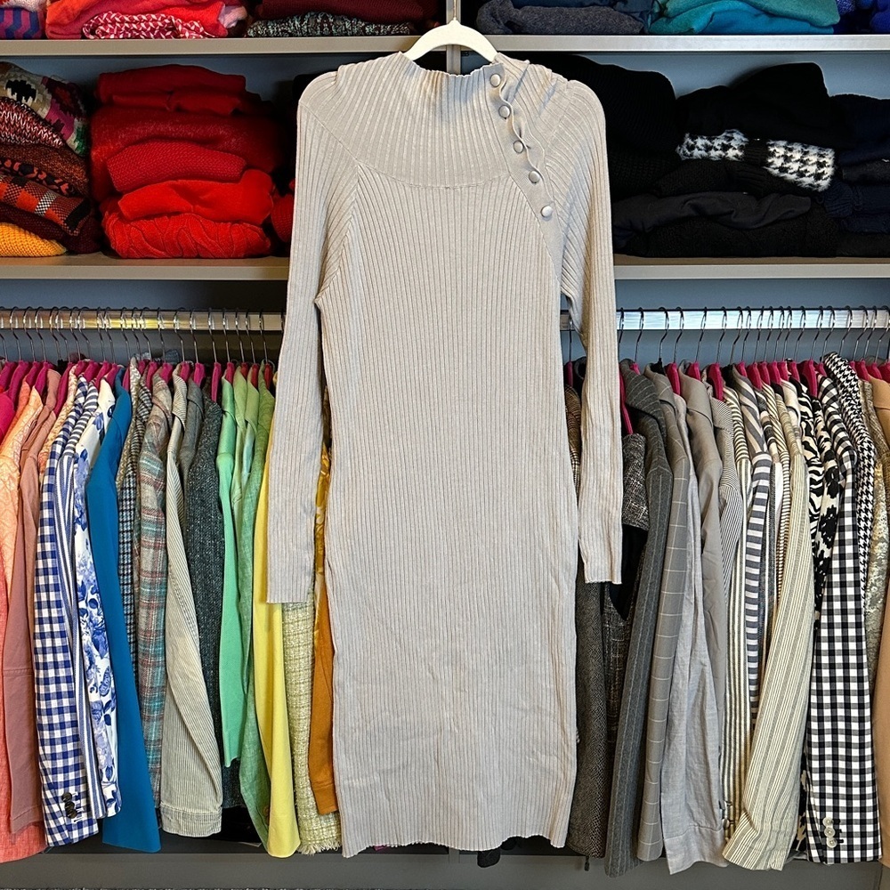 Eva Mendes gray long sleeve ribbed midi sweater dress size XL